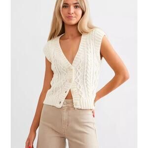 Women's Z Supply Buttoned Cable Knit Sweater Vest in Ivory V-neck, Size Large